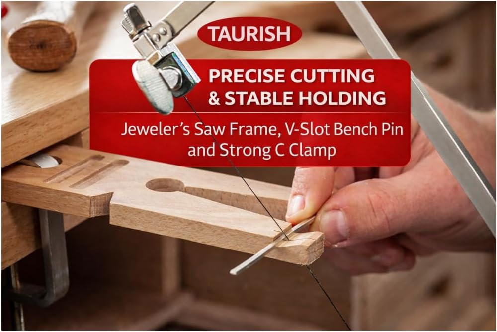 Jewelers Saw Frame Adjustable with 144 Blades and V Slot Bench Pin with Clamp Set for Jewelry Making Metal Wood Cutting Tool