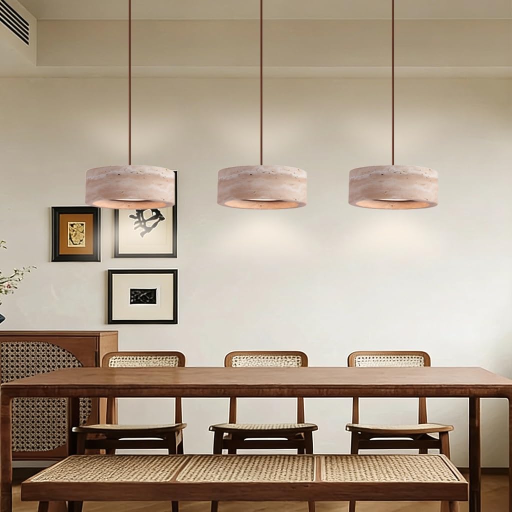Nowoczesna Żółta Lampa Wisząca Trawertynu Skandynawska Lampa Wisząca Naturalnego Kamienia Kształcie Cylindra Drewniana Lampa Sufitowa LED Stylu Wabi-Sabi Nadaje Do Sypialni Jadalni Salonu(A1)