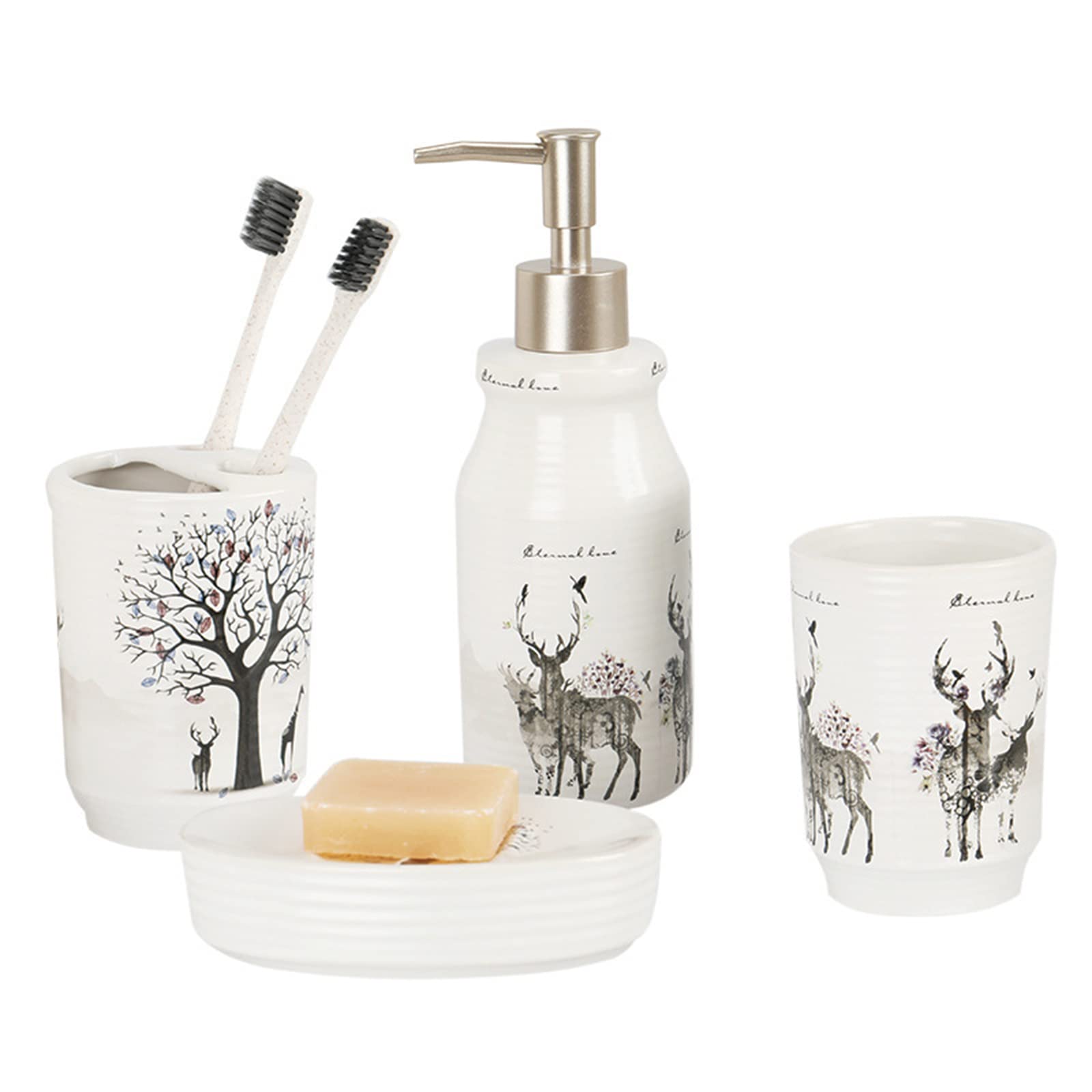 Juego de 4 dispensadores de jabón para baño y Soporte para cepillos de Dientes, con dispensador de loción de cerámica, Porta Cepillo de Dientes, Vaso y jabonera -Blanco