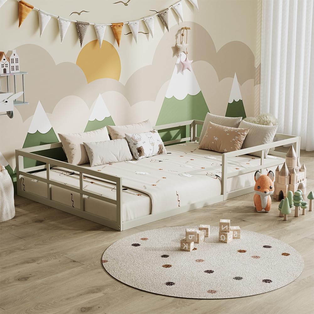 VitaliSpa Minno Floor Bed 120x200, Metal Children’s Bed, Montessori Bed with Safety Guard, Low Entry Height, Greige