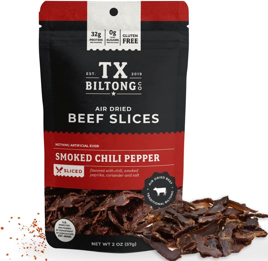TX Biltong Beef Jerky Snack - 2oz Air Dried Smoked Chili Pepper Biltong - Keto & Paleo-Friendly High Protein Snacks - Gluten & Sugar Free, No MSG, No Preservatives USDA-Selected Beef - Made in USA