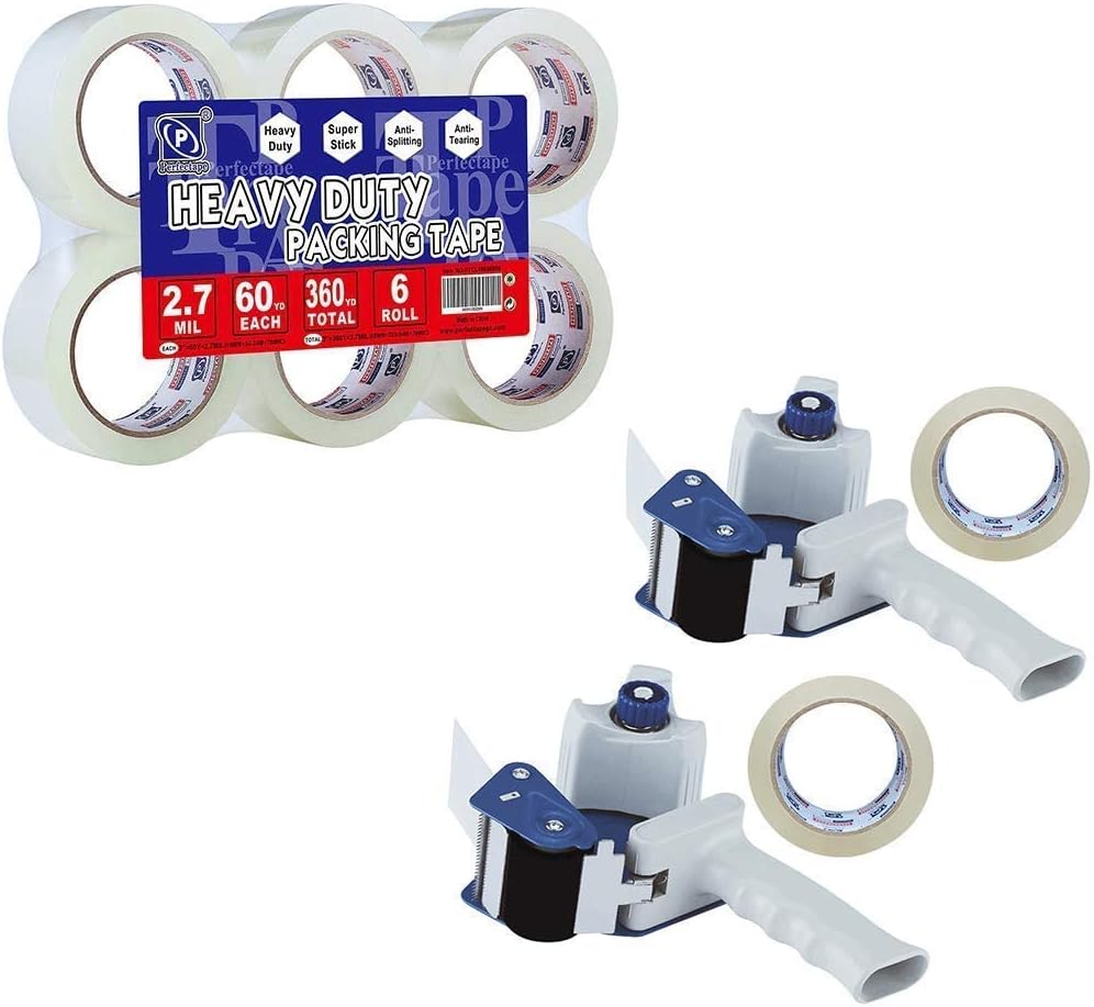 PERFECTAPE Heavy Duty Packing Tape 8 Rolls & Tape Gun 2 Pcs, Total 480Y, Clear, 2.7 mil, 1.88 inch x 60 Yards, Ultra Strong, Refill for Packaging and Shipping