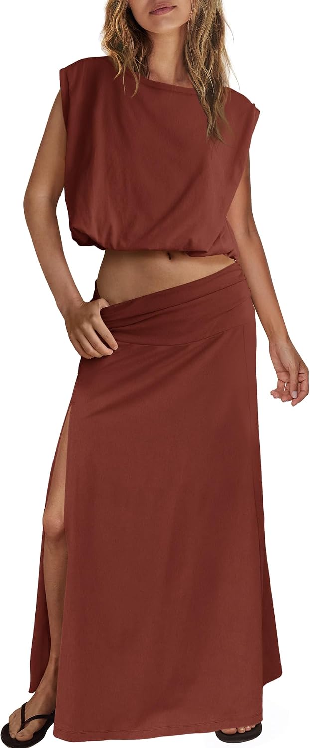 Panadila Women 2 Piece Maxi Skirt Set Summer Lounge Sets Bubble Sleeveless Tops Long Skirts with Slit Travel Outfit