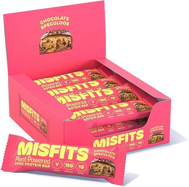 MISFITS Vegan Protein Bar, Speculoos, Plant Based Chocolate Protein Bar, High Protein, Low Sugar, Low Carb, Gluten Free, Dairy Free, 12 Pack