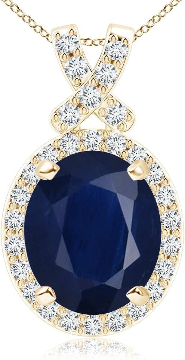 Angara Natural Blue Sapphire Pendant for Women | Oval Shape Blue Sapphire Diamond Halo Pendant Necklace in 14K Solid Gold/Platinum With 18" Chain | September Birthday, Gemstone Jewelry Gift