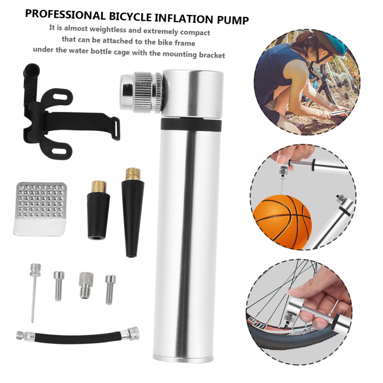 MUSISALY Bike Pump with Glueless Patch Kit Portable Puncture Repair for Emergency Bike Tire Inflation Includes Sports Ball Inflator and Mounting Bracket
