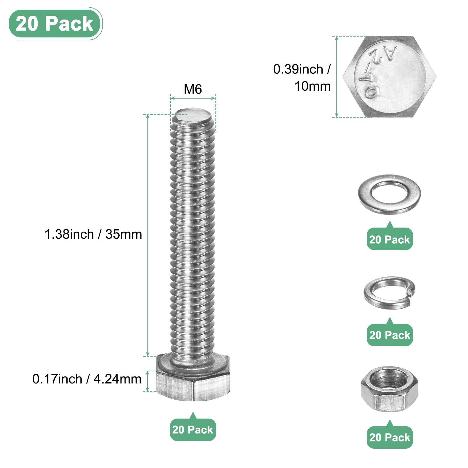 M METERXITY 20-Pack Hex Head Screw Bolt with Nuts Flat & Lock Washers M6x35mm Stainless Steel Bolts and Nuts Kit Fully Threaded Metric Bolt Assortment for Equipment/Machinery - Image 3