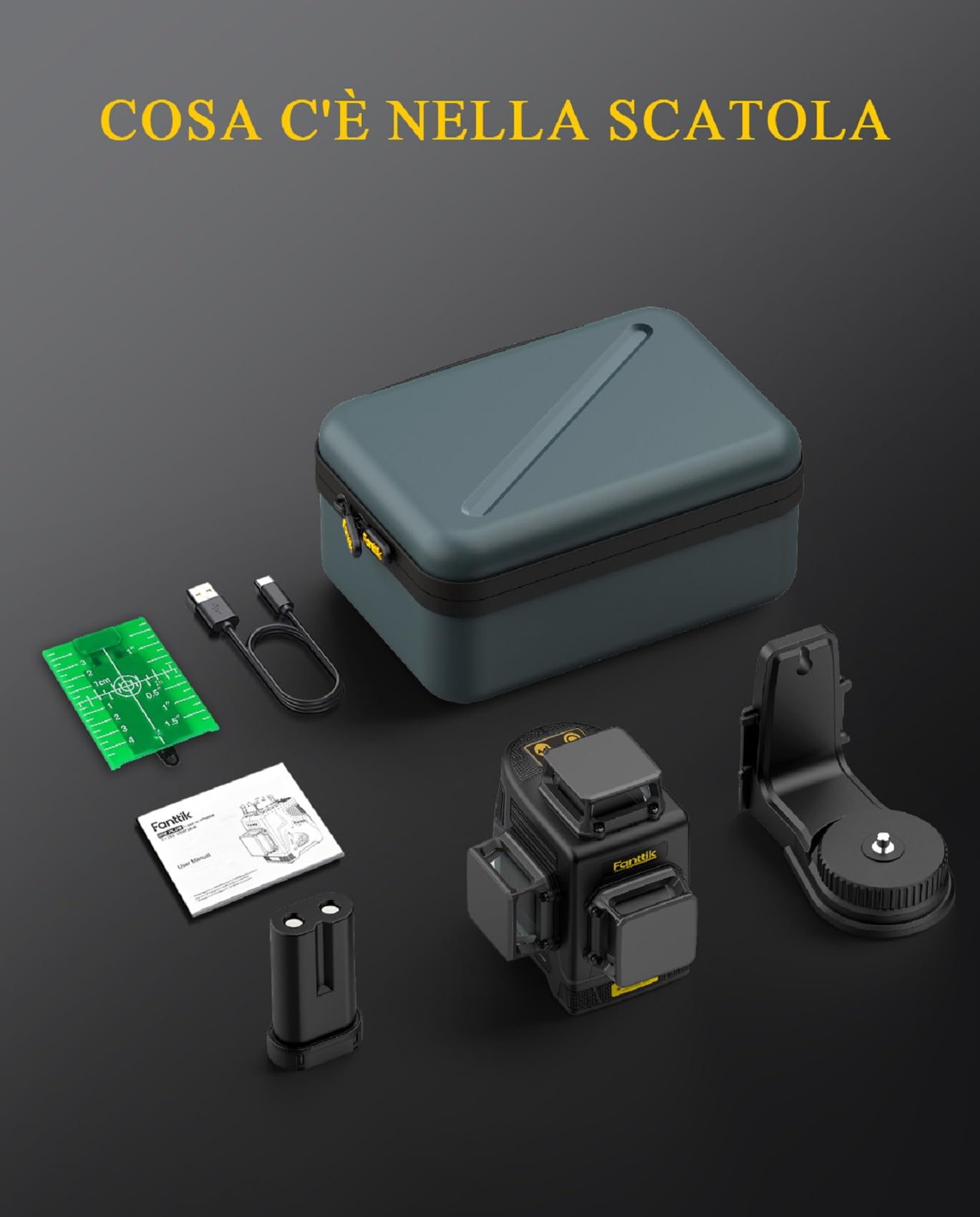 Fanttik D12 PLUS Livella Laser Autolivellante 3×360°, Linea Croce Verde di Precisione 3D, Batteria Rimovibile da 5200 mAh, Staffa Magnetica, Custodia da Trasporto, per Costruire e Appendere Quadri