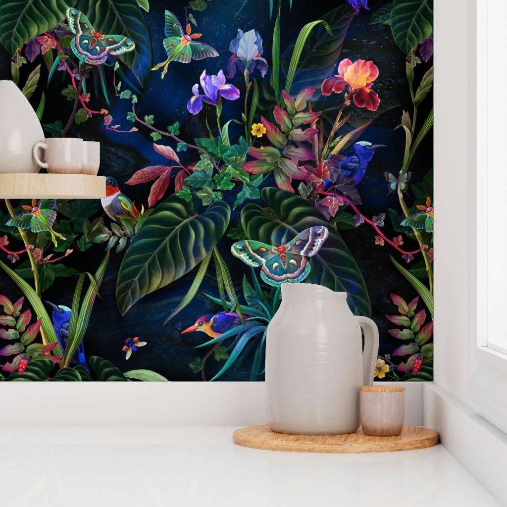 Removable Wallpaper 3ft x 2ft - Tropical Paradise Butterflies Birds Hummingbirds Jungle Custom Pre-Pasted Wallpaper by Spoonflower
