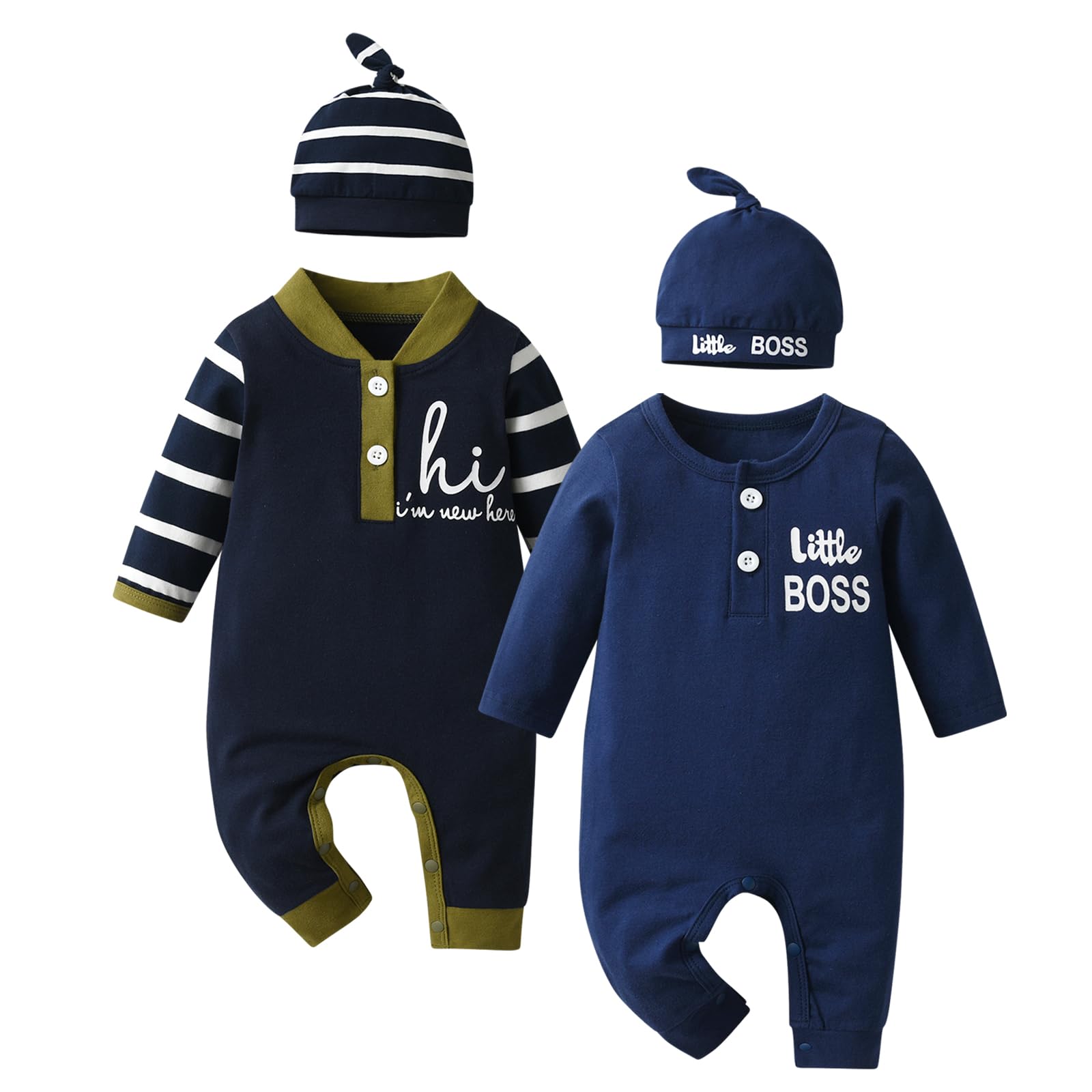 – Newborn Baby Boy Rompers Cotton One Piece Jumpsuit Long Sleeve Rompers +Hat （2 Pack）
