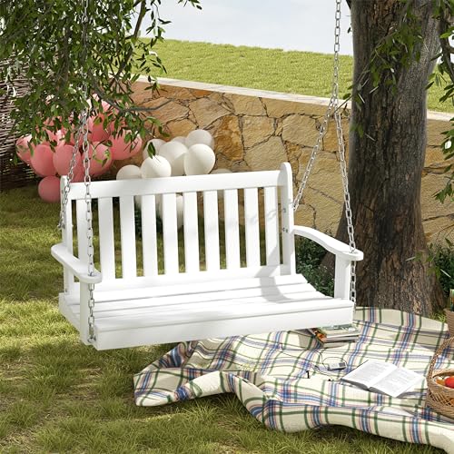 SUNLEI Patio Porch Swing, 2-Seated Bench Swing with Hanging Chains and Cozy Armrests, 45in Wooden Hanging Swing Chair for Outdoor Garden Courtyard, White