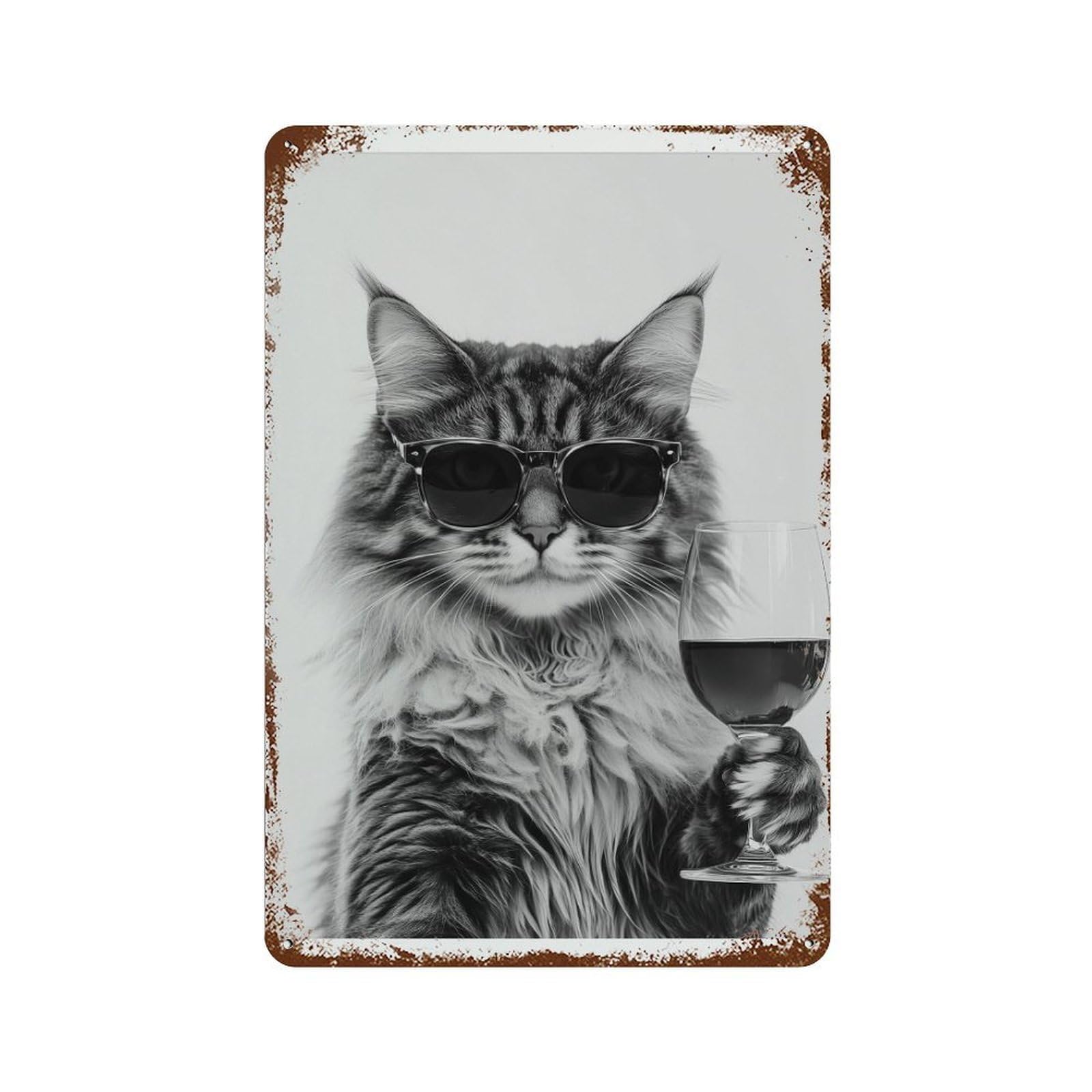xiaoxiaoshen Maine Coon Cat Drinking Wine Black And White Wall Decor Art Metal Tin Poster Modern Home Decor Art Home Bar Shop Decorations Vintage Sign 30x20cm