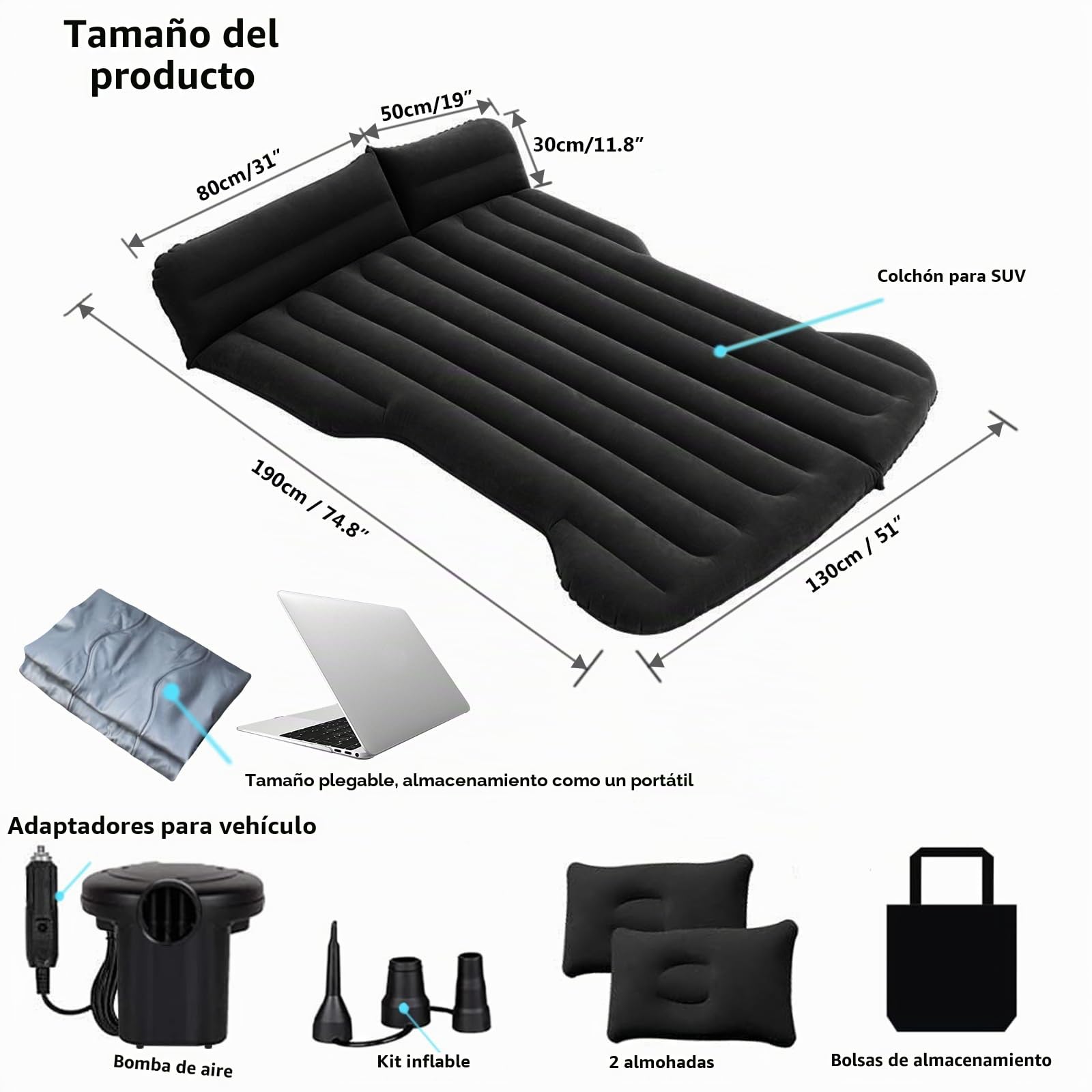 SUV Colchón de Coche Inflable con Bomba y Almohada, Cama de Aire Portátil para Viajes Camping Aire Libre, Grueso Cómodo Duradero Negro