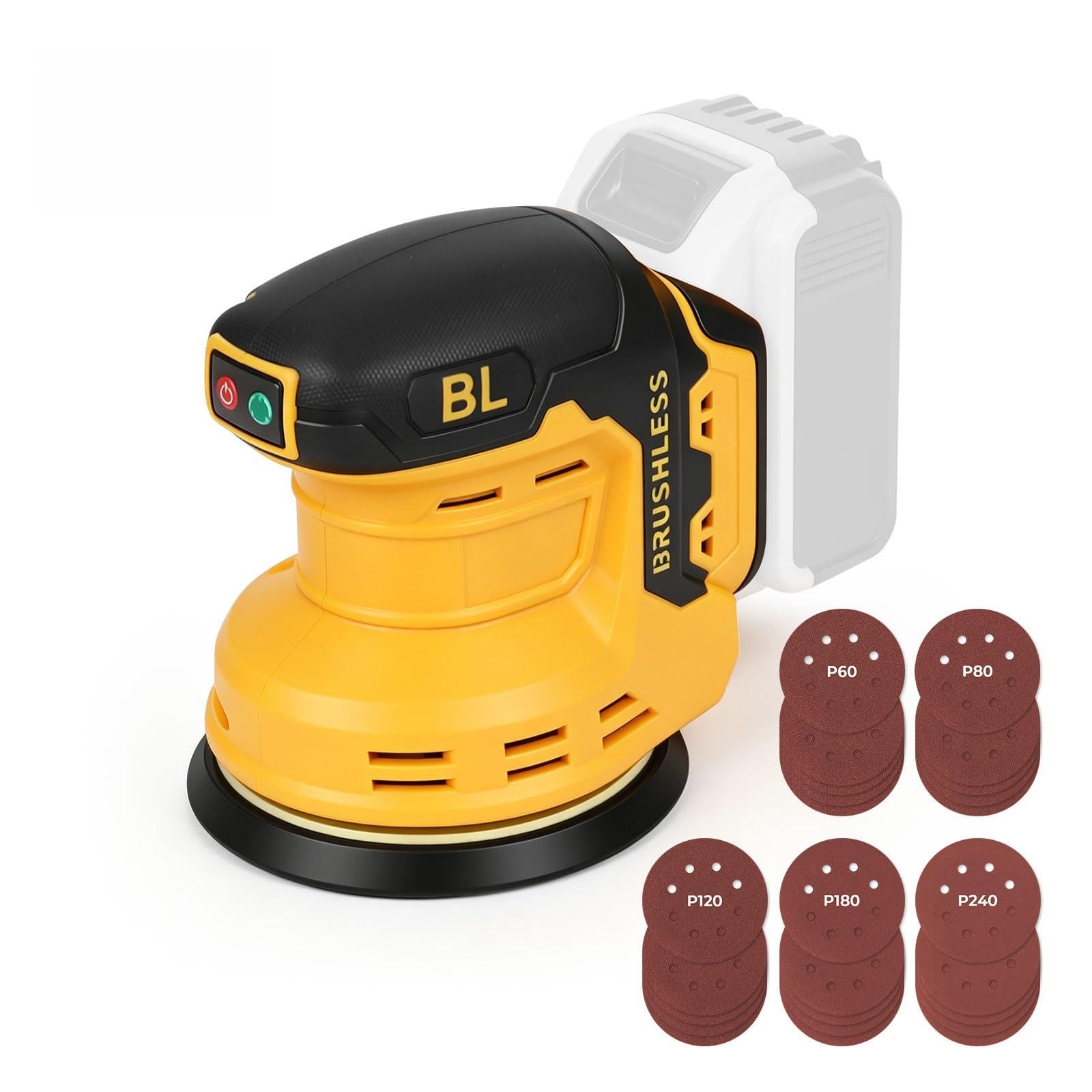 Cordless Orbital Sander, 125mm Brushless Random Orbital Sander, 9700-19000RPM with 25Pcs Sandpapers and Dust Extraction for Sanding, Polishing, Metal, Wood (Compatible with Dewalt)