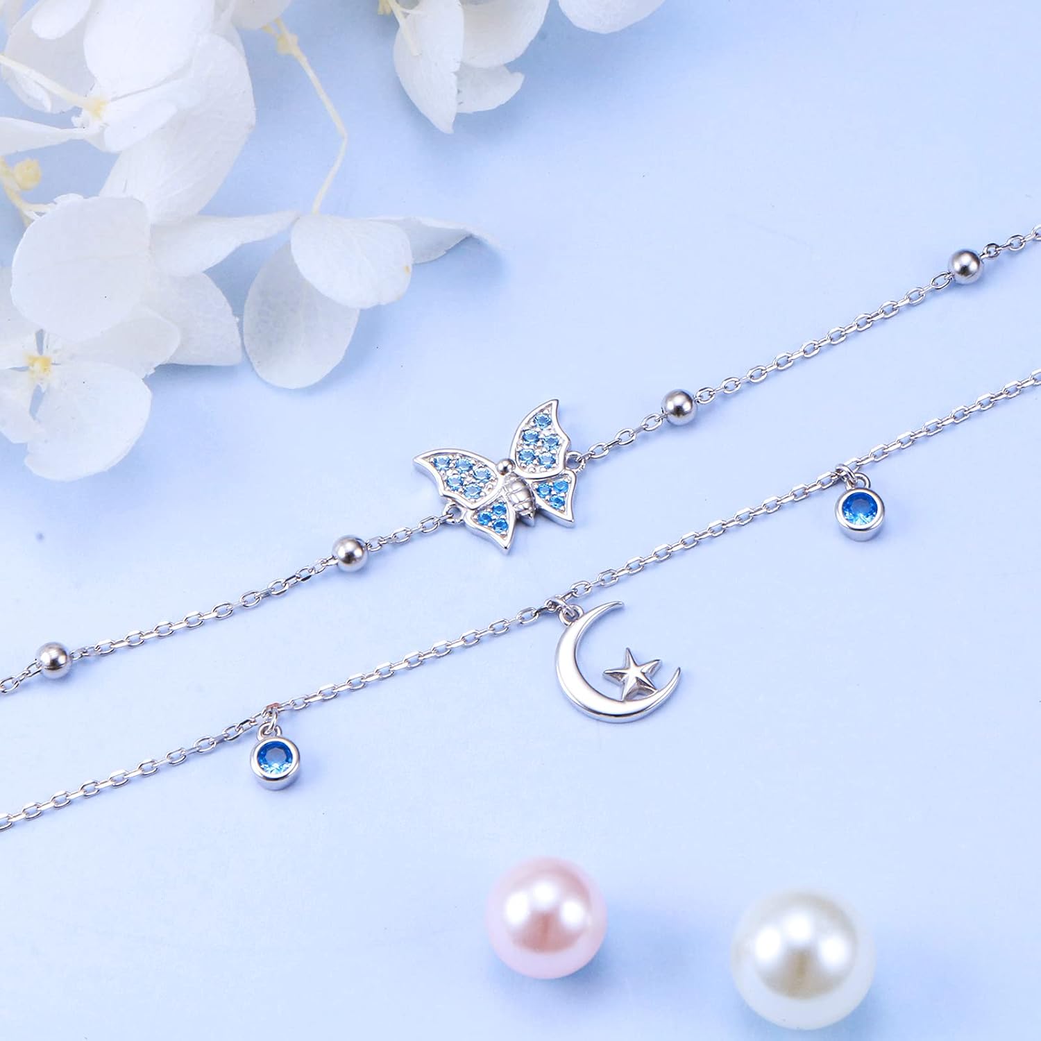 Ladytree Adjustable Butterfly Star Anklet 925 Sterling Silver Foot Ankle Bracelet for Women