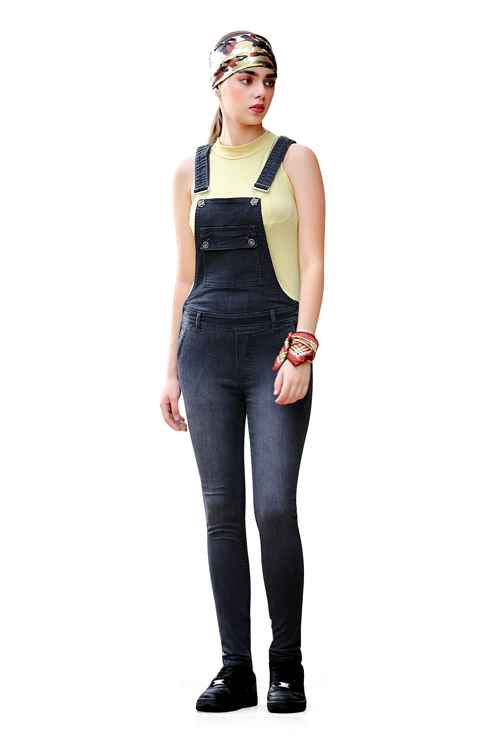 Stretchable Denim Ankle Length 5 Pockets Square Neck Sleeveless Dungaree for Women-image-34