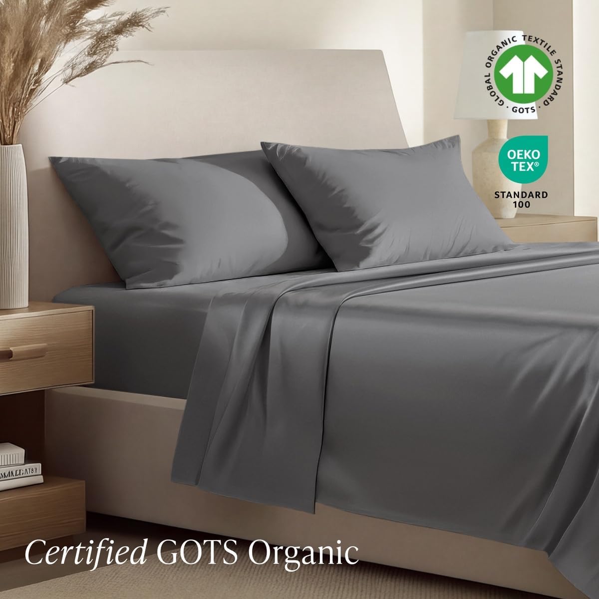 Bare Home 100% Organic Cotton Sateen Sheet Set (Twin XL, Grey)