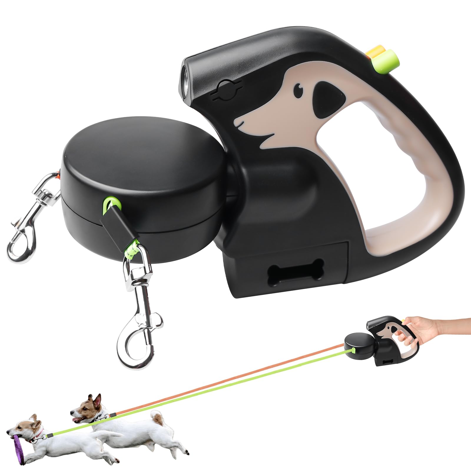 Laisses Doubles Rétractables Automatiques pour Chiens, 3M Laisses Doubles Rétractables avec Lumières LED, Double Laisse Rétractable pour 2 Chiens pour Petite Et Moyenne Taille(Brun)