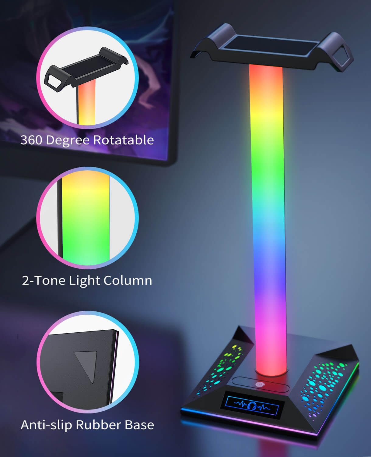 RGB Gaming Headset Ständer, LED Headset Halter mit 3 Ladeanschlüssen (2 USB & 1 Type-C) & 10 Beleuchtungsmodi, Kopfhörerständer Cool Stuff für Jungen, Schreibtisch PC Gaming Zubehör Geschenke für