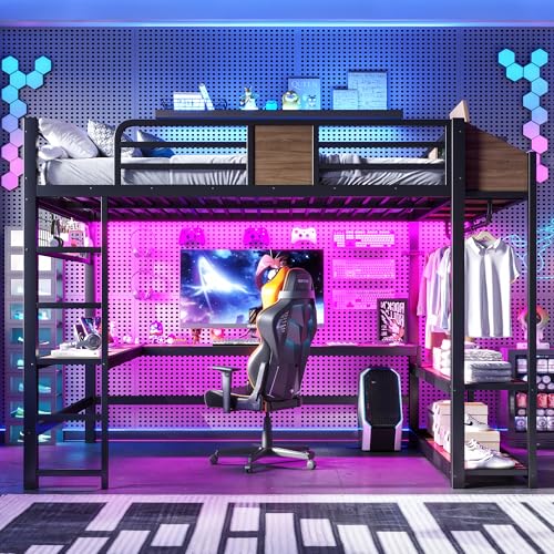 Image of Bellemave Queen Size Metal Loft Bed with L-Shaped Desk, LED Lights & Charging Station, Heavy Duty Loft Bed Frame with Hanging Rod and Storage Shelves for Kids, Teens & Adults, Space Saving,Black