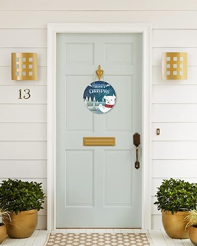 Miniatura 3 de Letrero de bienvenida para puerta delantera, porche, frontones de pared, cuernos de Navidad, oso polar, corona de 10 pulgadas, letrero redondo de