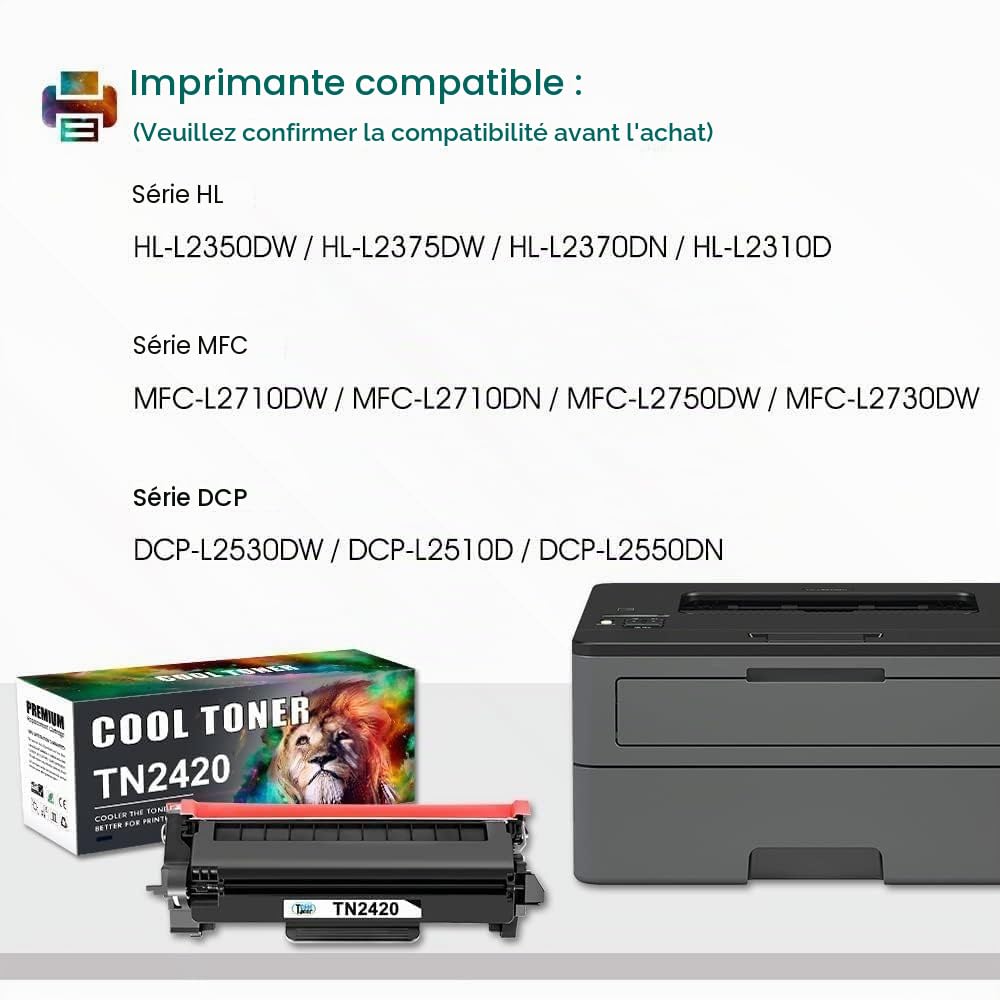 Cool Toner TN2420 Cartouche de Toner Compatible pour Brother DCP-L2530DW MFC-L2710DW HL-L2350DW DCP-L2510D HL-L2375DW MFC-L2730DW MFC-L2750DW HL-L2310D TN-2420 TN2410 TN-2410 (Noir, 2-Pack)