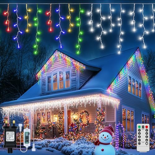 Image of GCMacau Outdoor Christmas Icicle Lights Plug-in 15+5M/65.5ft 506 LED Connectable String Lights 8 Modes and Dimmable Waterproof Hanging String Lights for Porch, Deck, Garden, Backyard, Balcony