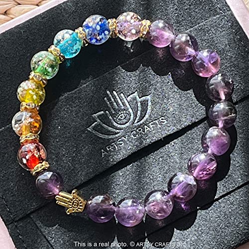 Artsy Crafts Luminous Firefly Glass Beads + Purple Amethyst Beaded Chakra Bracelets, Glow In The Dark Rainbow Beads + Natural Gemstone Crystal Beads Bracelet For Anti Anxeity Healing Energy Money Wealth Abundance Feng Shui (Purple + Gold) #TOP1