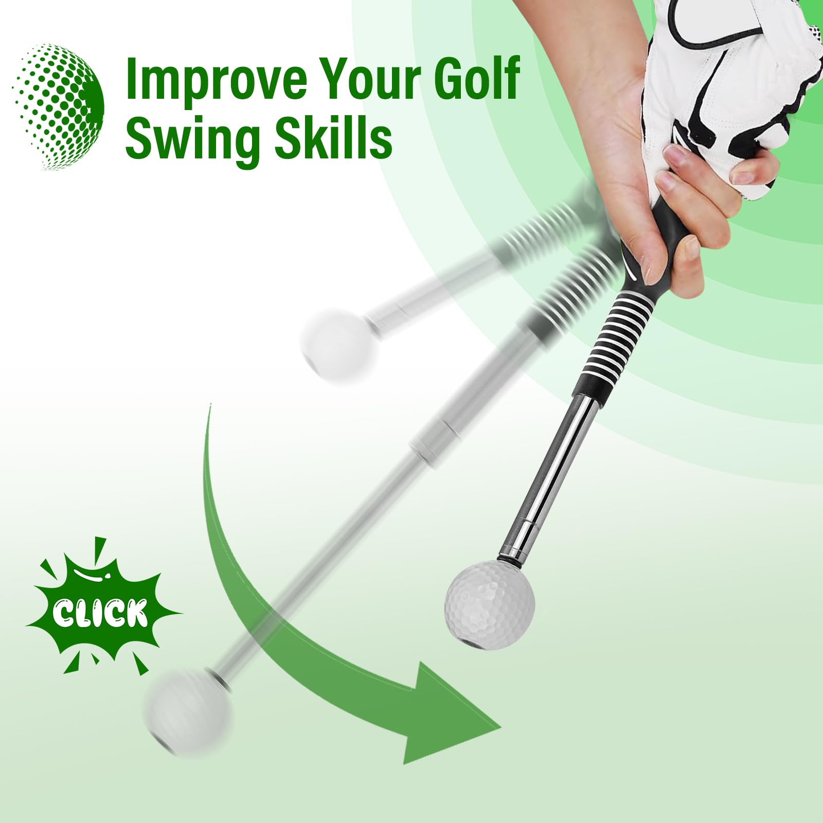 Golfschwung Trainer Set – Verstellbare & Einziehbare Golf Trainingshilfe mit klick-Feedback & Armband zur Haltungskorrektur – Für Männer, Frauen & Kinder, Indoor/Outdoor, Tempo & Chippen
