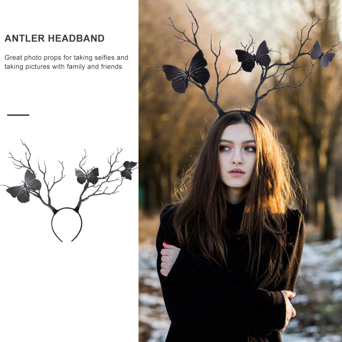 minkissy Branches Antlers Headband Halloween Horns Hairbands Animal Headband Antler Butterfly Hair Hoop Goddess Headdress Photo Prop for Halloween Cosplay Party Random Color - Image 2