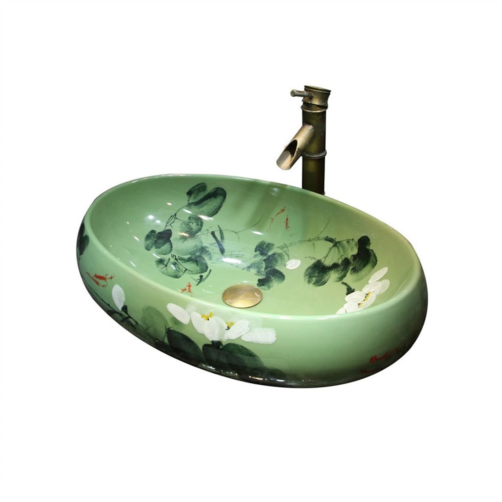 Sjdopulse Vessel Sink Vessel Vanity Sink Large Oval Ceramic Hand-Painted Lotus Countertop Basin Household Chinese Style Art Sink Balcony Personalized Wash Basin Bathroom Sink Ceramic Sm