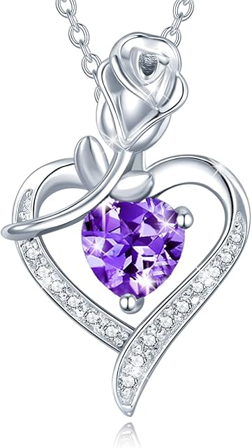 FANCIME 925 Sterling Silver Heart Necklace with Rose Birthstone Pendant with Genuine/Created Gemstones Valentine's Day Birthday Present Jewellery Gifts for Women Girls Her - Adjustable Chain:16+2 Inch