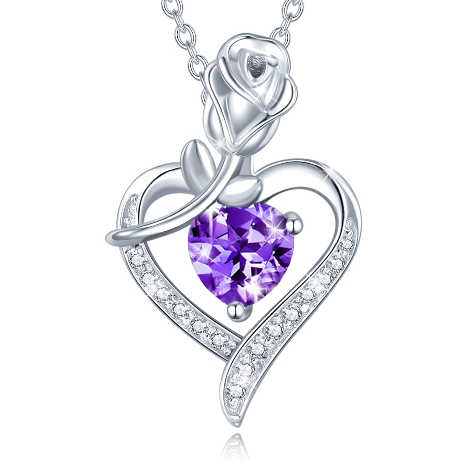 FANCIME Rose Herz Anhänger Halskette für Damen mit künstlicher Geburtsstein | 925 Sterling Silber Kette mit Herz imitiertem Geburtsstein Schmuck Valentinstag Jahrestag Geburtstag Geschenke für Frau