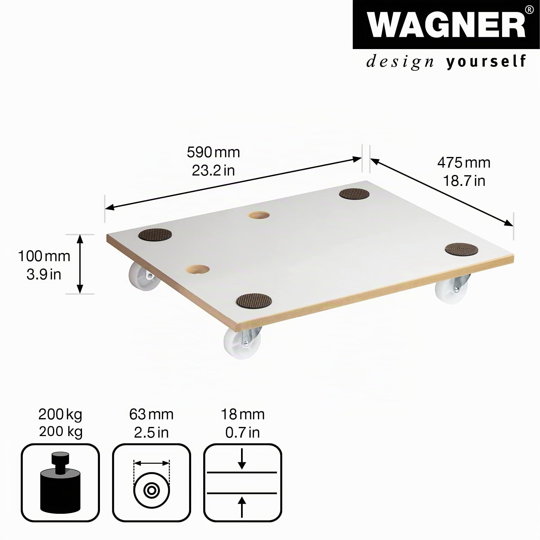 WAGNER Carrello da trasporto MM 1359 I 59 x 48 cm I cuscinetti antiscivoloI rivestimento speciale I portata 200 kg I facile da pulire I resistente e robusto - 20135901