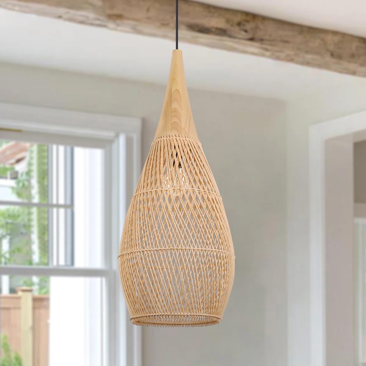 Hängelampe Rattan Wohnzimmer – Pendelleuchte Rattan Esstisch Esszimmer – Boho Lampe aus Natur als Korblampe – E27 Hängeleuchte (Ø25 cm, keine Glühbirne)