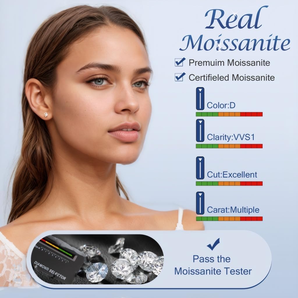 Moissanite Earrings for Women Men, 1ct-4ct DEF Color Moissanite Stud Earrings，925 Sterling Silver earrings, Safety Friction Back