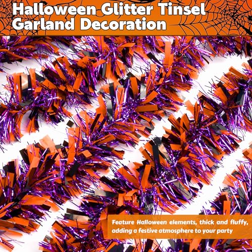 Image of 50 FT Halloween Tinsel Garland, Thick Glitter Hanging Streamers Black Orange Purple Mixed Color Metallic Tinsel Hanging Oranment for Halloween Party Supplies Indoor Outdoor Decoration