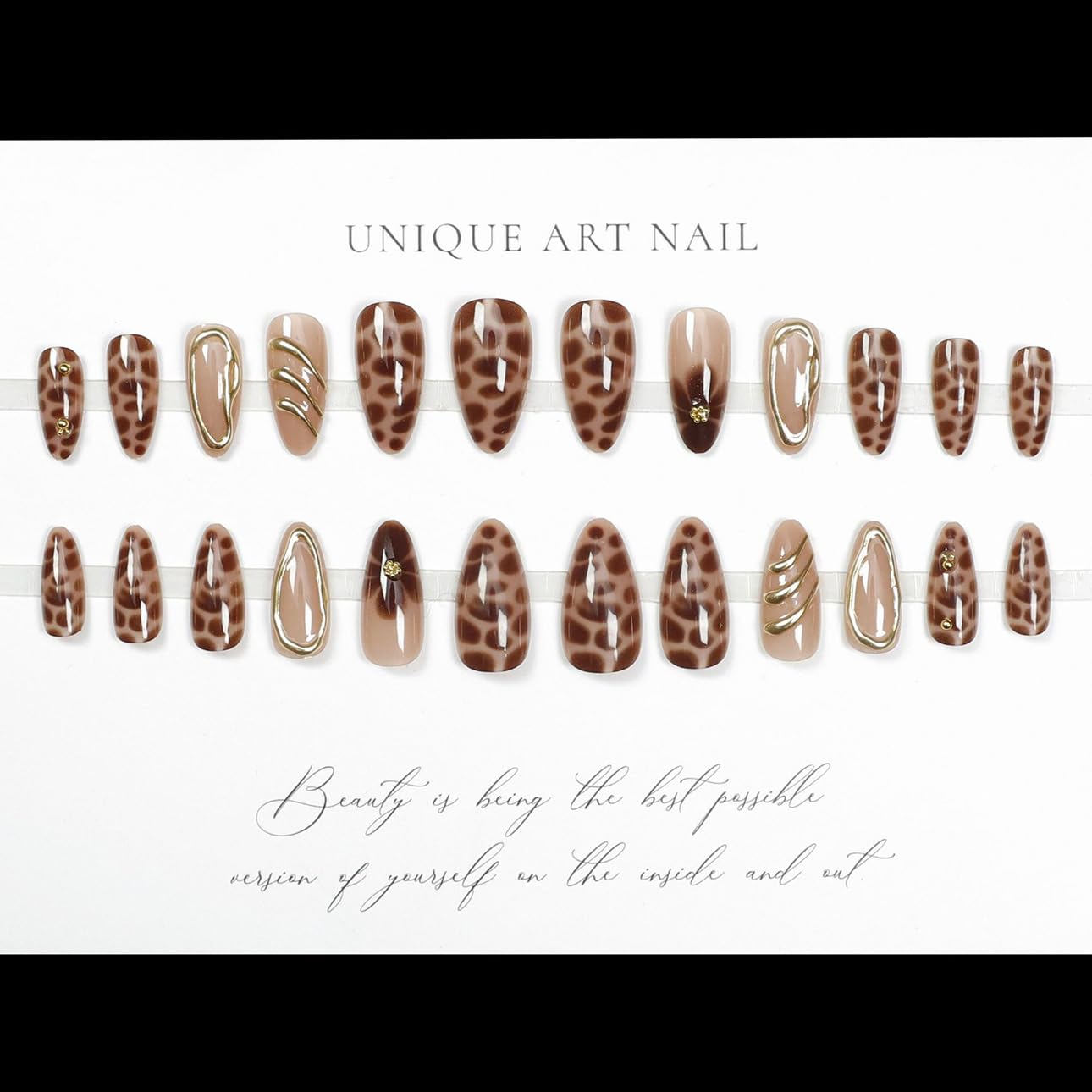 LPOODDNU Almond Press on Nails - Dark Green Medium Fake Nails with Leaf Designs, Glossy Finished Reusable False Nails with Double Adhesive Glue Tabs - 24Pcs Nail Kit for Women Manicure: brown leopard flower