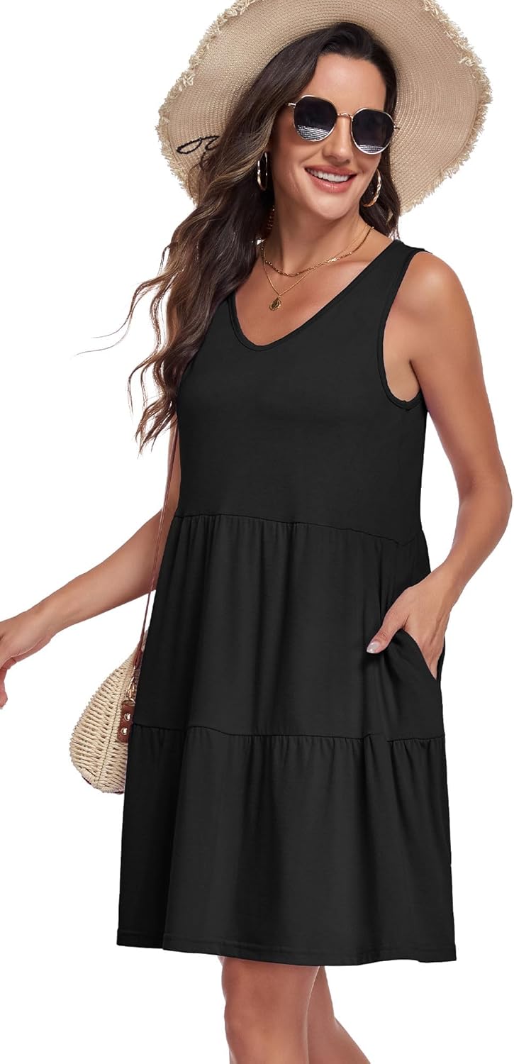 elescat Sundresses for Women Summer Casual Loose Sleeveless Tiered Swing V Neck Tank Dress with Pockets - Image 6