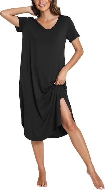 GYS Bamboo Viscose Nightgowns for Women Short Sleeve Sleep Shirt | Soft Long Sleepwear with Pockets, Cooling Nightshirts for Hot Flashes, V-Neck, Lightweight Flowy Ladies Gowns, Loose Fit
