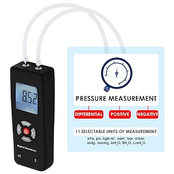 Manometer, Professional Air Pressure Meter, Digital Manometer Gas Pressure Gauge Tester, 11 Units with Backlight, Suitable for Differential Pressure of 1-2 Pipes Air Condition System Measurement