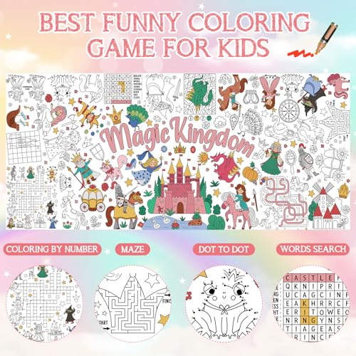 Image of Magic Kingdom Giant Coloring Poster for Kids 30 x 72 Inch, Princess Large Coloring Poster Tablecloth, Fairy Themed Color-in Activities Games for Kids School Classroom Home Party Supplies Decorations