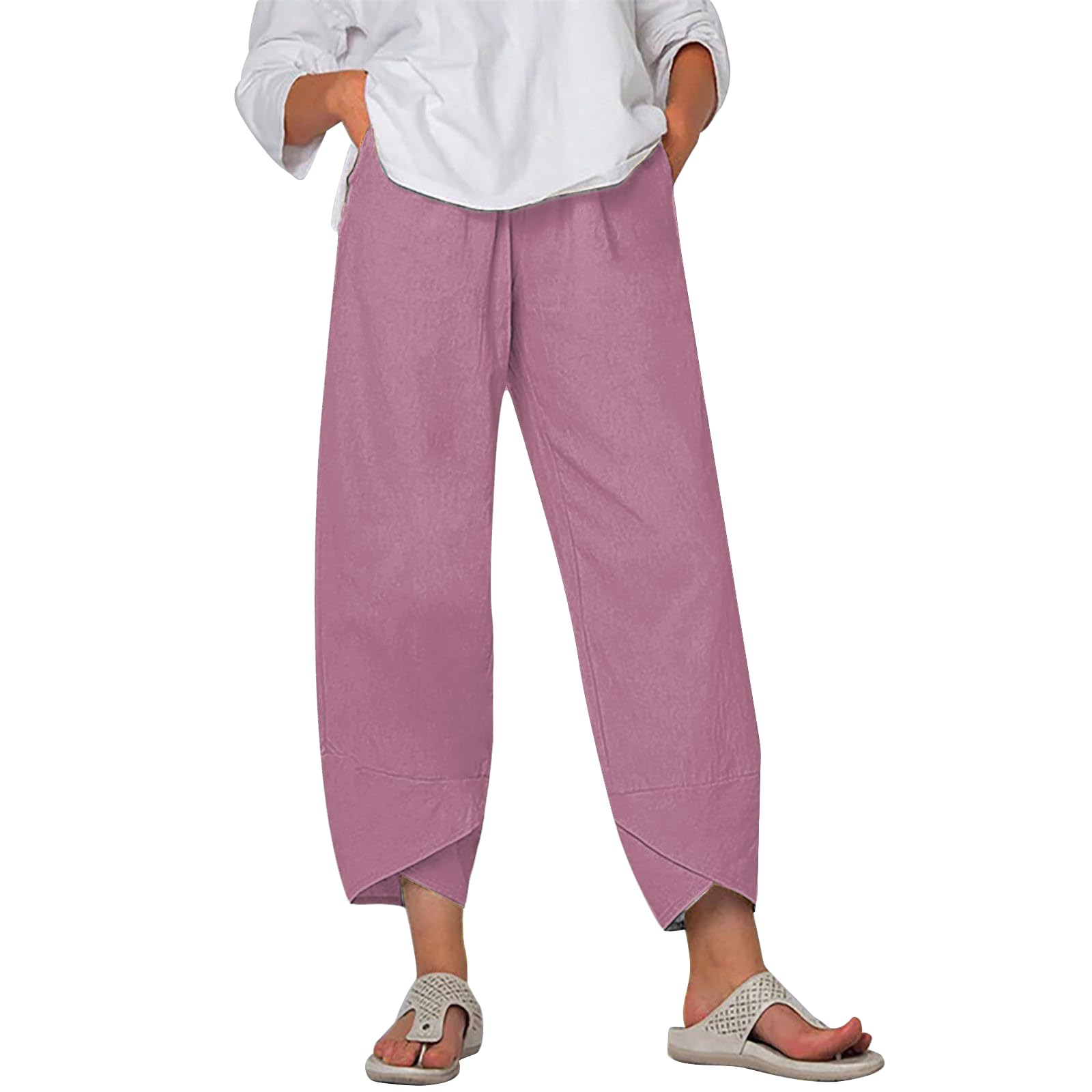 MARSVOVO Casual Pants for Women Summer Split Hem Slacks Solid Color Fashion Elastic Waist Trousers Pants with Pockets