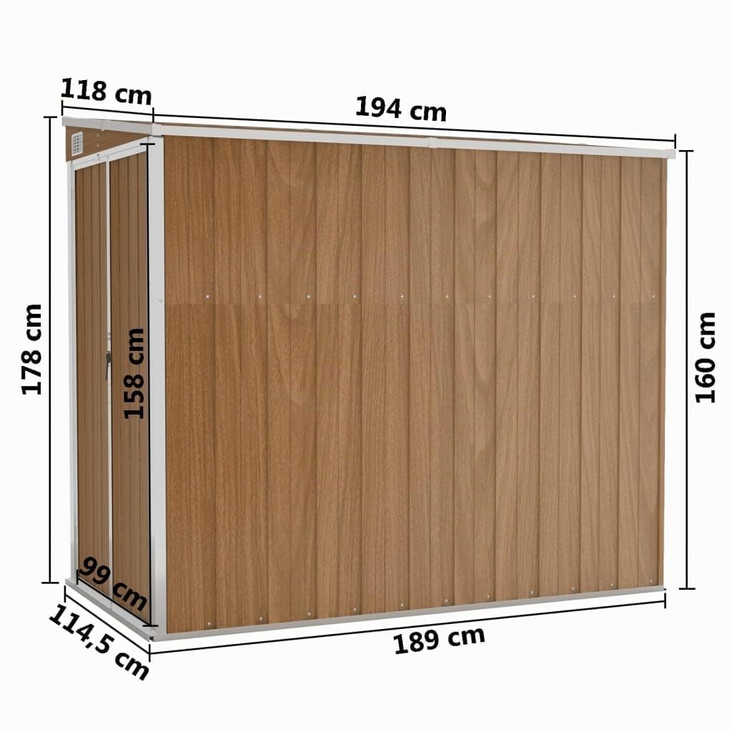 IKAYAA Cobertizo Exterior de Pared 118 x 194 x 178 cm Armario Cobertizo de Exterior para Herramientas, Caseta de Jardín Metálica con 2 Puertas para Almacenamiento de Herramientas Marrón