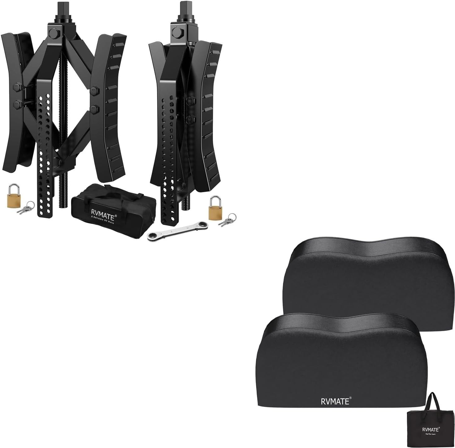 RVMATE RV Tire Covers, Dual Axle Wheel Cover (2 Pack) Fits 27"-30" Diameter Tires & RV Camper Wheel Chock (2 Pack)