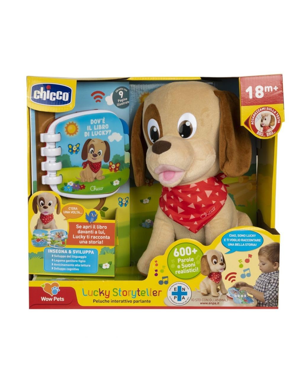 Chicco Lucky Il Cucciolo Raccontastorie, Cane Peluche Interattivo Parlante, Gioco Educativo con Libro Scritto Illustrato e Interattivo, Pupazzo con Parole e Suoni Realistici - Giochi Bambini 18+ Mesi