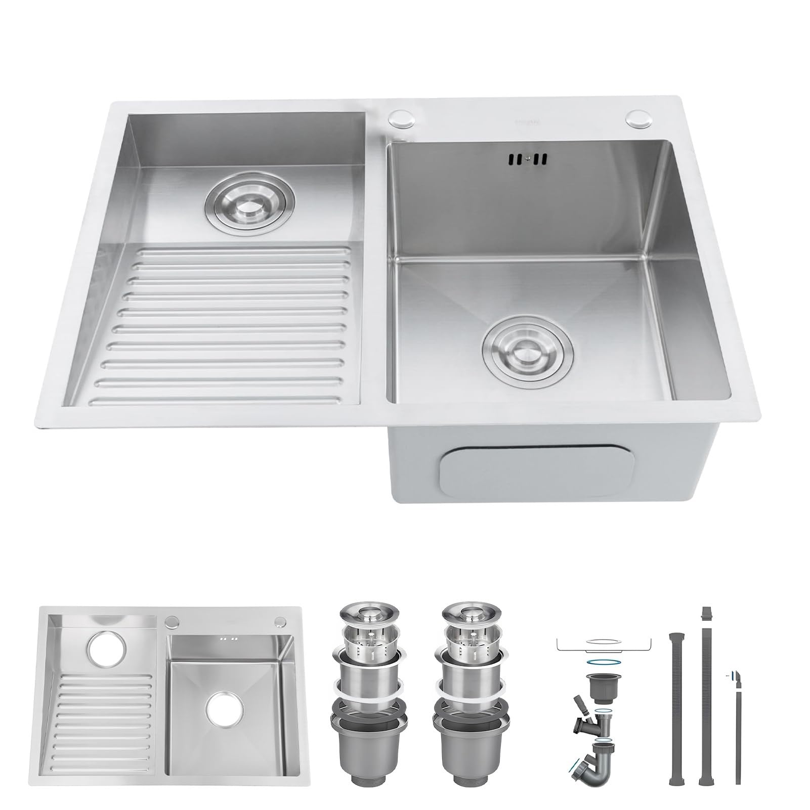 SUS304 Stainless Steel Laundry Sink with Washboard | Drop-in & Undermount Installation | Double Bowl Utility Basin for Balcony, Basement, Garage | Brushed Finish, Drain Kit Included(Left,70x48cm)