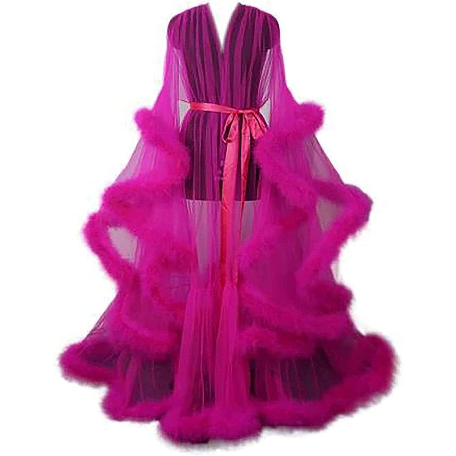 Miaoxiao Women's 5 See-Through Sexy Feather Flared Sleeve Robe - Tulle Illusion Boudoir Bridal Robe, M