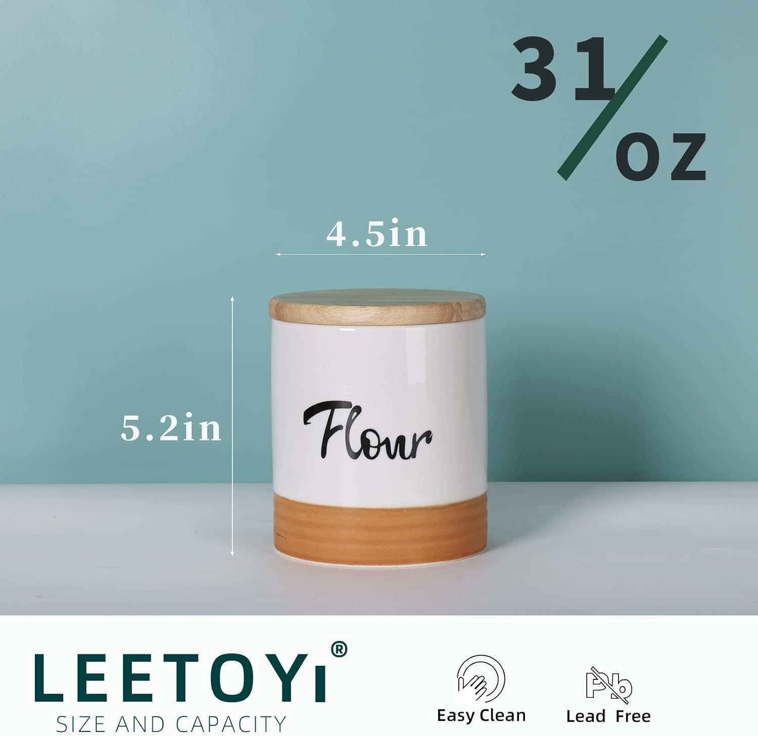 LEETOYI Ceramic Food Storage Containers with Lid, 31oz Farmhouse Kitchen Decor, Countertop Food Storage Caddy Organizer 4.5 Inch (Labeled Flour)