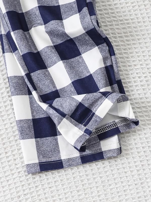 PABROS Girl's Cotton Lycra Pajama Set, Button-Down Long Sleeve Top with Pants, Checkered Pattern, Summer Loungewear Sleepwear Blue 4